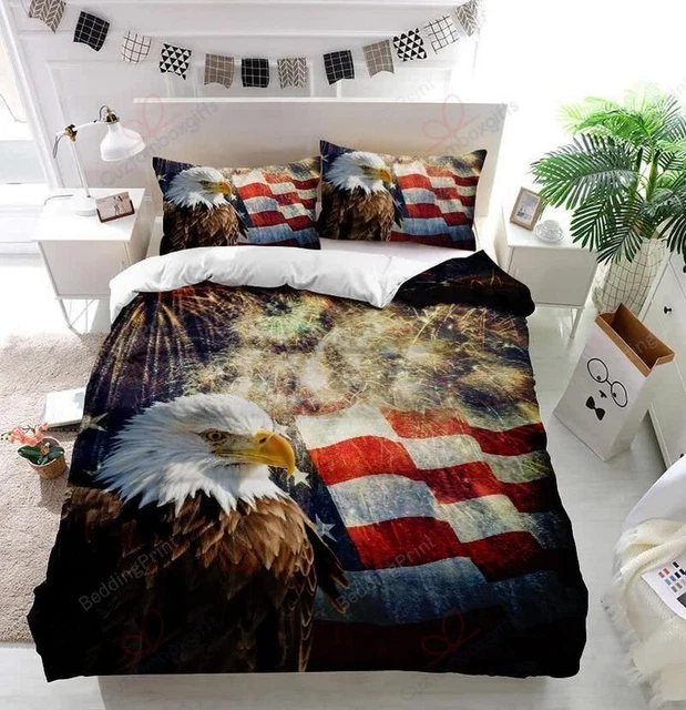 BALD EAGLE AMERICAN Flag Fireworks Quilt Duvet Cover Set Bed Linen King
