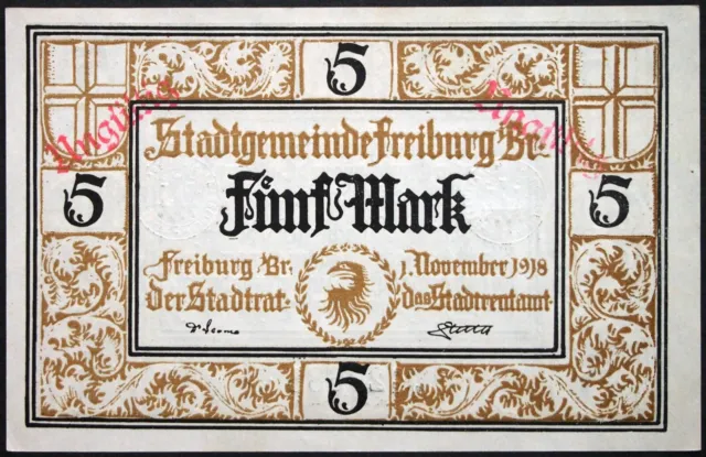 FREIBURG 1918 5 Mark Grossnotgeld no series letter! German Notgeld Baden