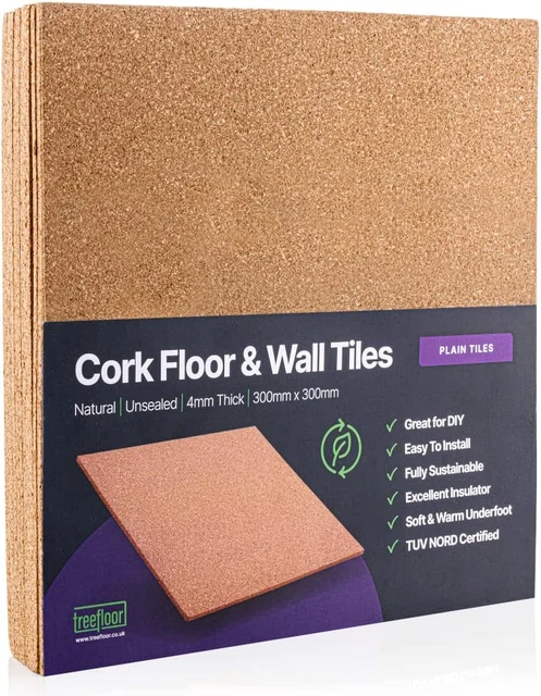 Treefloor Natural Plain Cork Tiles - 300mm x 300mm x 4mm Pack of 9