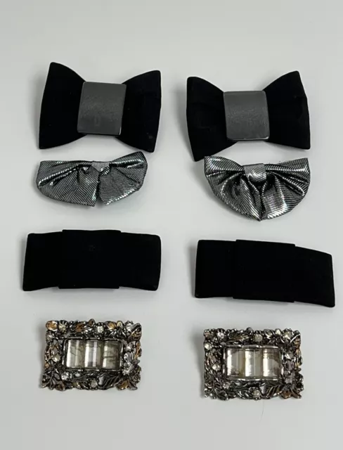 Vtg buckle shoe clips Deco pearls Bows Black Silver Metal Retro Lot of 4
