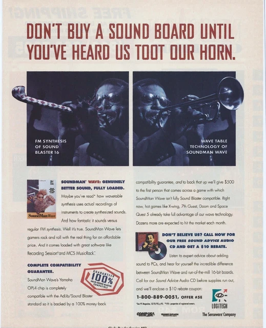 VINTAGE/RETRO LOGITECH SOUNDMAN Wave Sound Card Print Ad Promo 1994 (B ...