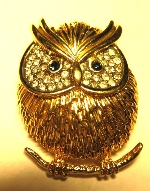 Broche Ancienne Chouette En Métal Doré Avec Strass - Probablement CARVEN - Occasion Bon état