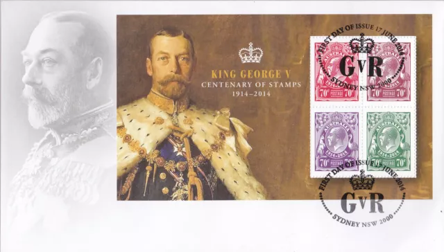 2014 King George V Centenary of Stamps (Mini Sheet) FDC - Sydney NSW 2000 PMK