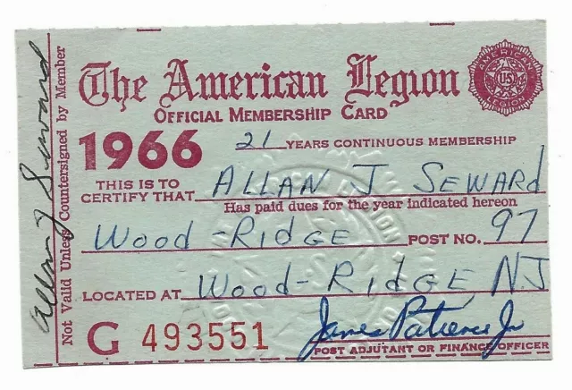 1966 American Legion Official Membership Card-Wood-Ridge NJ