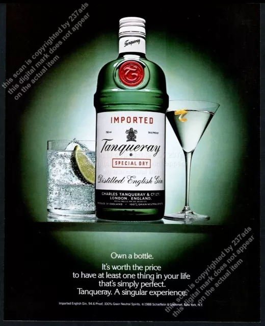 1988 Tanqueray Gin green bottle & drinks photo vintage print ad
