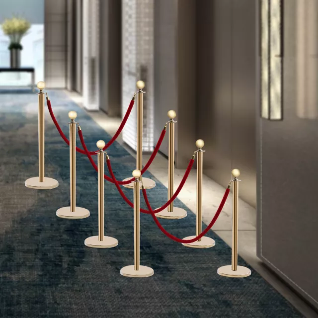 8 PC Crowd Control Stanchion Gold Posts Set w/ Red Velvet Rope Queue Barrier