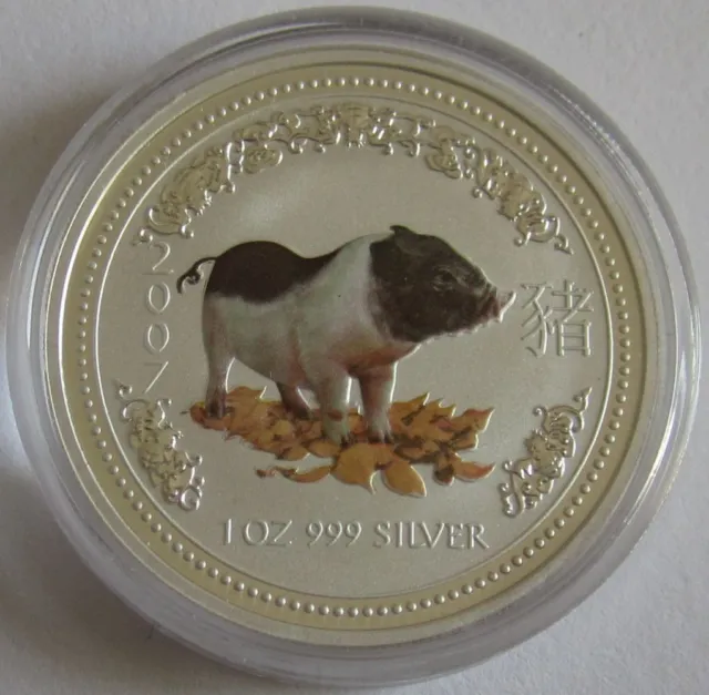 Australia 1 Dollar 2007 Lunar I Pig Coloured 1 Oz Silver