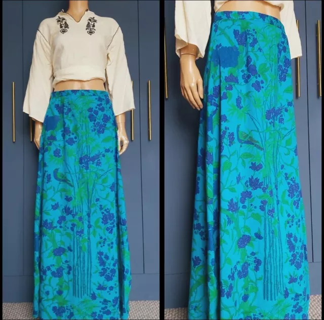 70s Vintage Bamboo & Bird Novelty Print Maxi Skirt