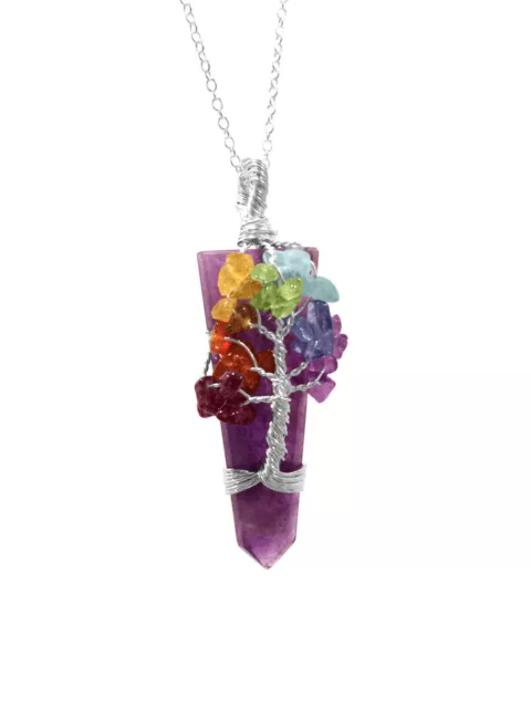 Amethyst Crystal Tree Of Life Chakra Pendant Silver Wire Wrap Gemstone Necklace