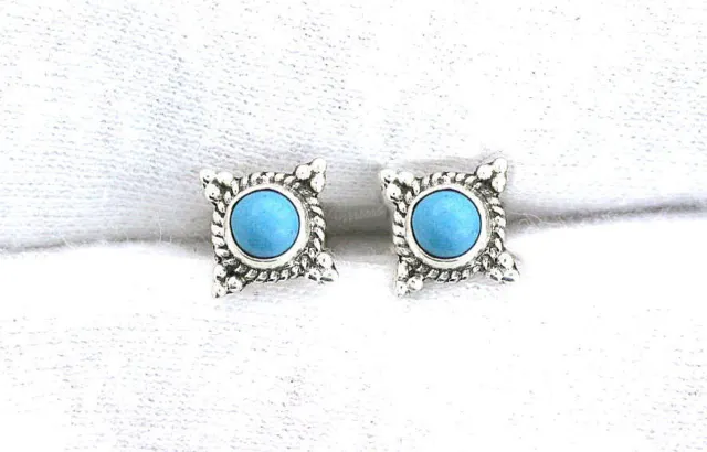 One Pair 4mm Round Turquoise Sterling Silver Cabochon Cab Gemstone Stud Earring