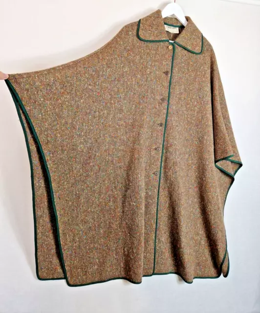 Jaeger Vintage Wool Green Rainbow Heather Tweed Kimono Sleeve Cape Coat One Size