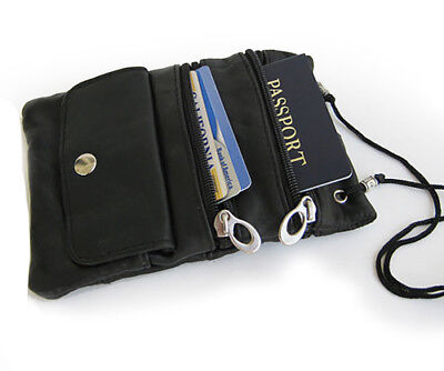 Black Leather Passport Document Handbag ID Card Neck Trap Cross Body Bag