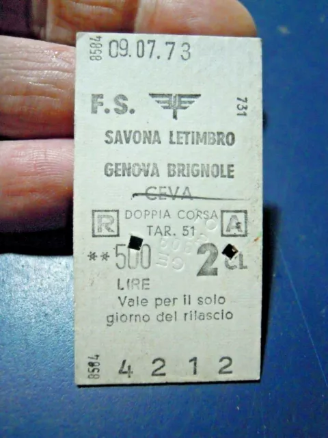 BIGLIETTO DEL TRENO CARTONATO - SAVONA LETIMBRO GENOVA BRIGNOLE / CEVA 2cl 1973