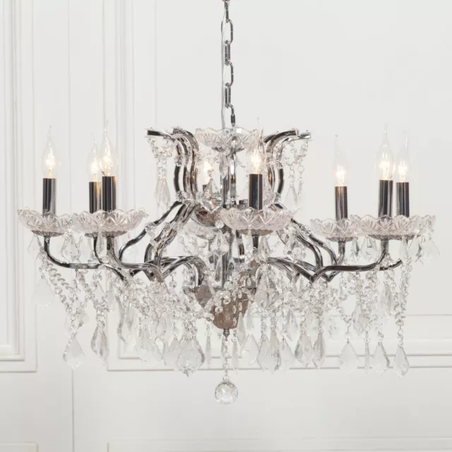 French Style Large Chrome 8 Arm Branch French Shallow Cut Glass Chandelier