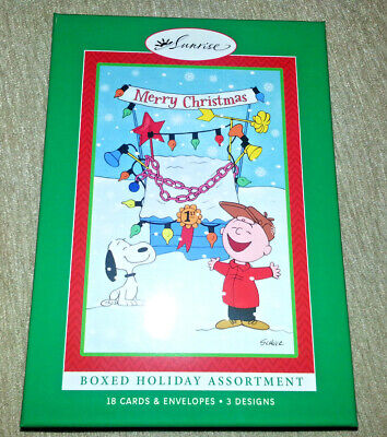 18 SUNRISE Peanuts Christmas Cards SNOOPY CHARLIE BROWN Boxed Set 3 DESIGNS New