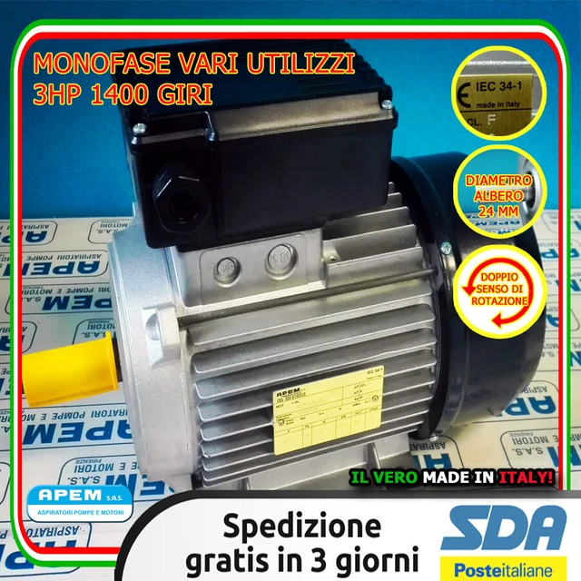 Motore Elettrico Monofase 1,5 KW / 2 CV - 220 V, 3000 RPM, Flangia B5, Albero 24 Mm - Foto 2