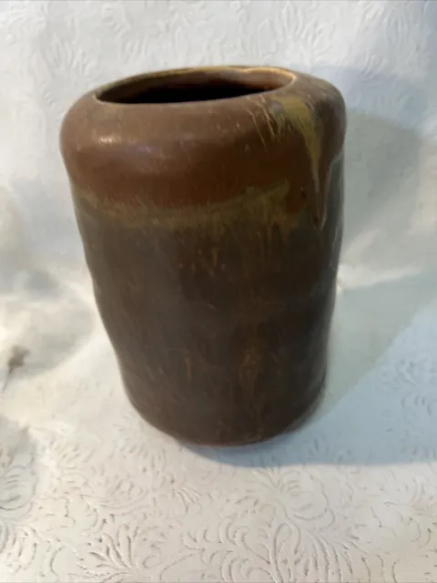 Antique 6" Handmade Art Pottery Flower Vase Drip Glaze Signed Tall Incised C