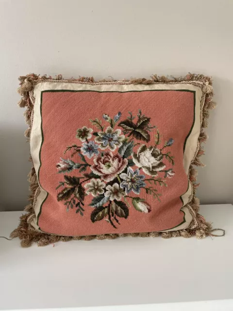 Vintage/Antique Embroidered NeedlePoint Floral Tasseled Large Cushion Floor
