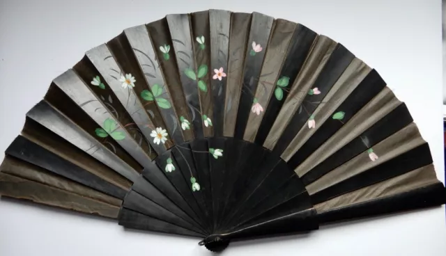 Collectable Antique Victorian  Hand Painted Fan Fruit Wood and Cloth 33 cm Long