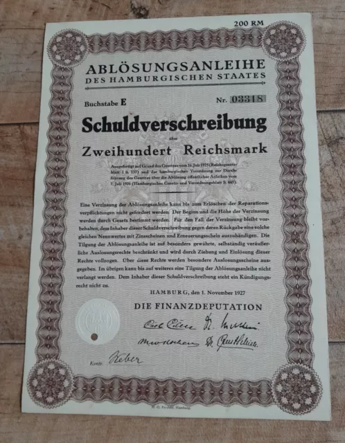 Schuldverschreibung Auslosungsschein 1927 Hamburg 200 Reichsmark guter Zustand