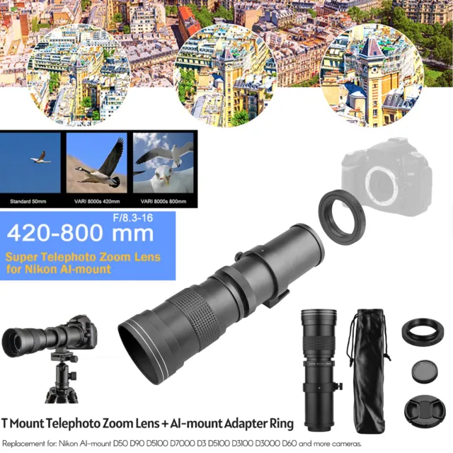 Andoer 420-800mm MF Super Camera Telephoto Zoom Lens for Nikon AI-mount AU