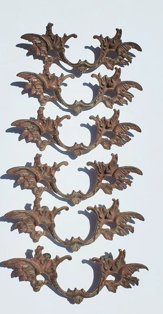 Lot Of 6 Vintage Antique Brass French Provincial Winged Drawer Handle Pulls
