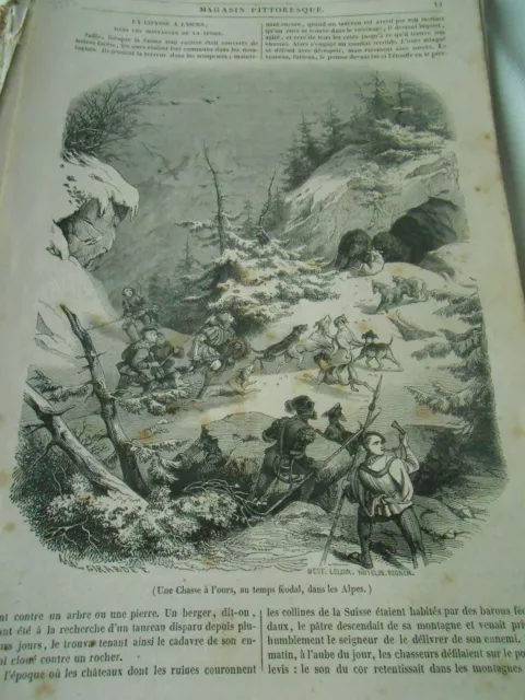 Chasse à l'ours Montagnes Suisse 1844 Gravure Old Print