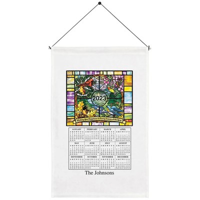 PERSONALIZED LINEN TOWEL Calendar 2023-2024 Seasons Stained Glass 23" L