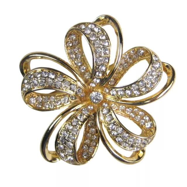 Monet Bow Ribbon Clear Rhinestones Vintage Goldtone Brooch Pin Vintage Flower