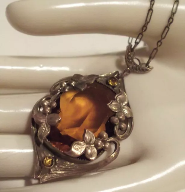 Vtg Art Nouveau Necklace Floral Brass Pendant w/ Faceted Glass Topaz Stone NICE!