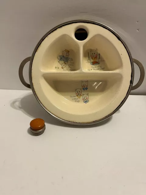 Vintage 1940s Baby Ceramic Divided Warming Dish Three Little Pigs W/ Stopper 3