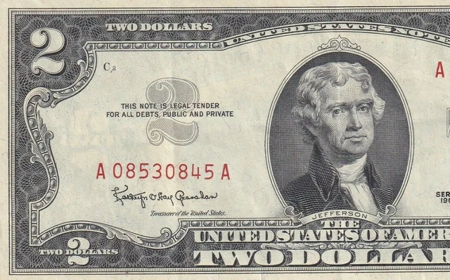 A085330845A 1963 Two Dollar Legal Tender Note, Red Seal,In Excellent Condition