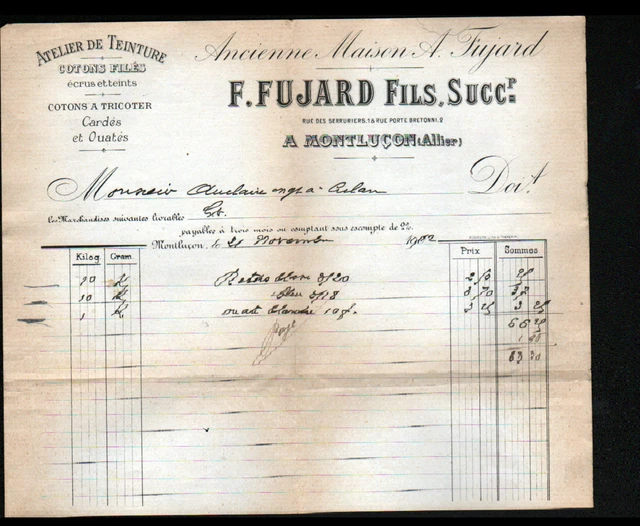 MONTLUCON (03) MERCERIE / COTONS / TEINTURES "F. FUJARD Fils" en 1912