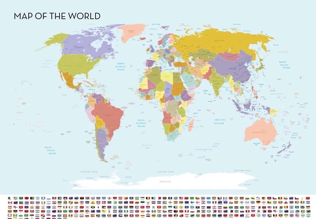 WORLD MAP LARGE Wall Chart Flags High Quality Colour A0 841mm x 1189mm ...