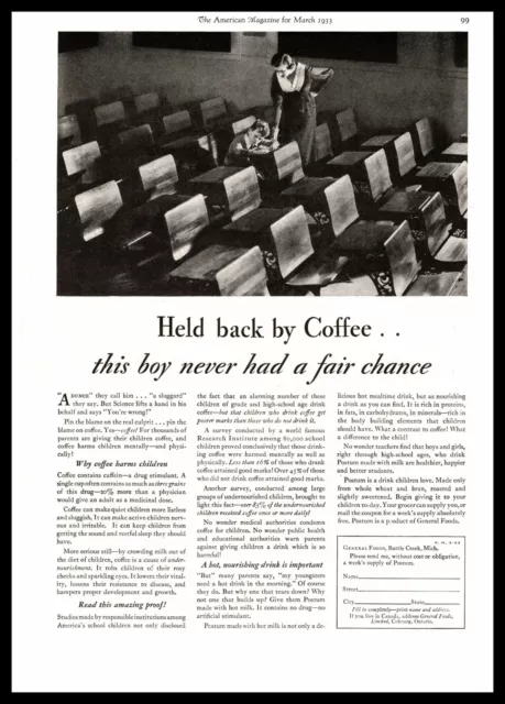 1933 Postum Alternative To Coffee For Kids School Teacher Student Desk Print Ad