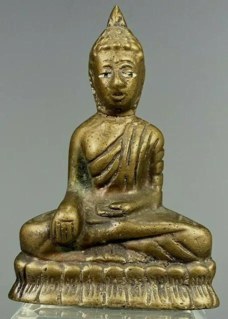 Rare Laos Laotian Brass Statue of Buddha with Polychrome eyes ca. 19th century 2