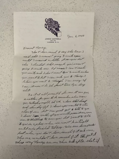 1943 letter from Clemson University student about WWII (3F)