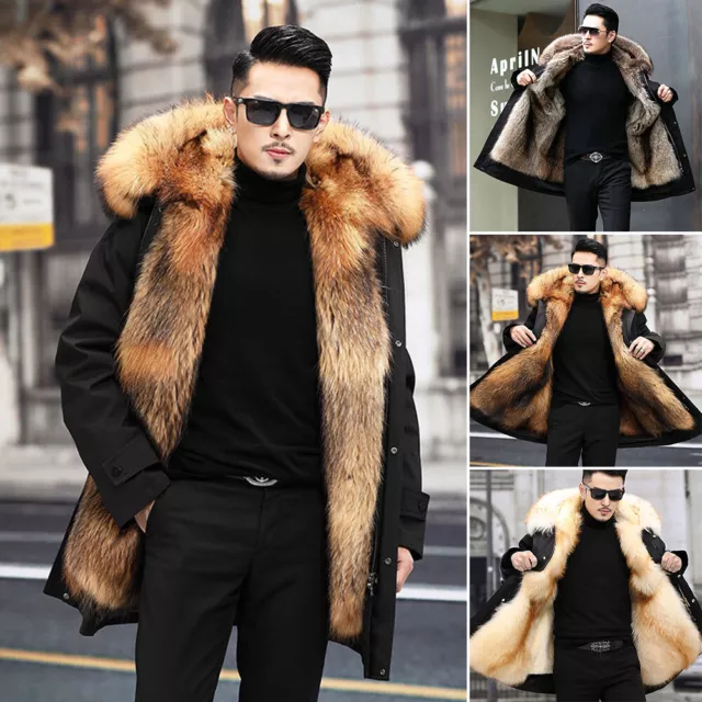 Coat Overcoat Jacket Parka Outwear Long Winter Warm Men Hooded Faux Fur Fashion