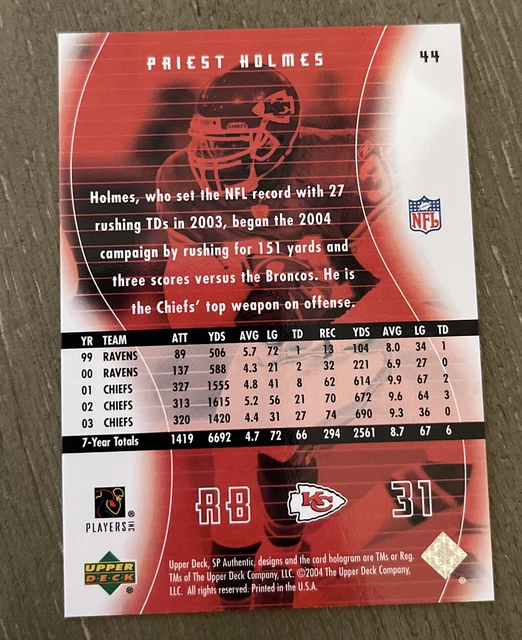 2004 SP AUTHENTIQUE 44 Priest Holmes Kansas City Chiefs carte de