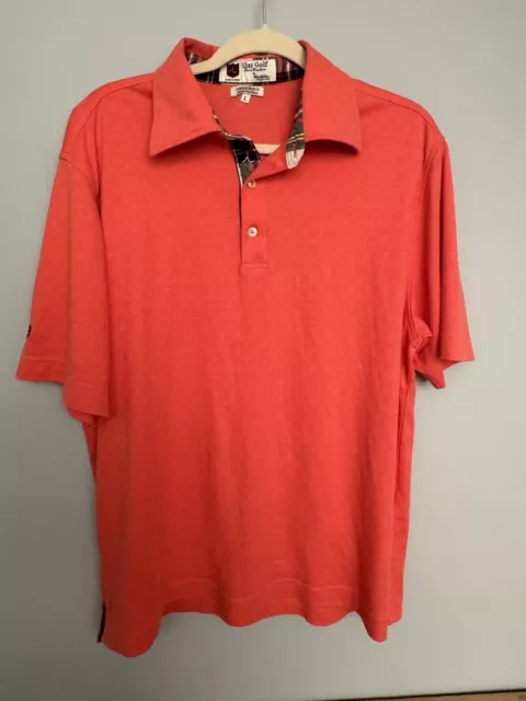 ILIAC Men’s Luxury Hybird Salmon Pink Plaid Pattern Golf Polo Shirt - Size Large