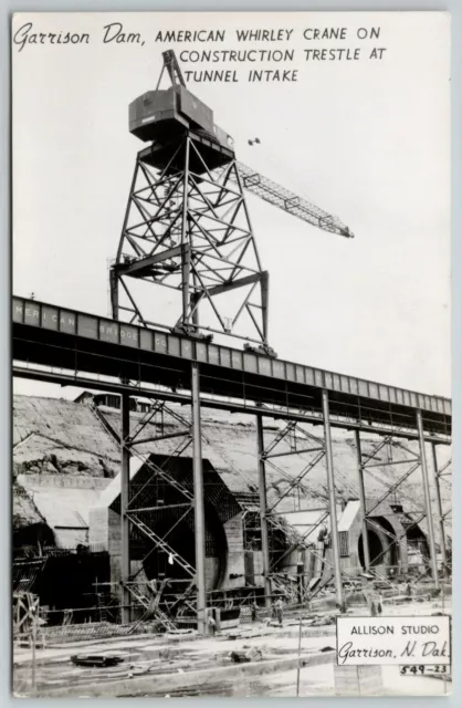 Garrison North Dakota~Wheeler Crane Sits on Dam~Postcard Allison RPPC 1940s