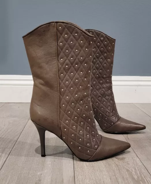 NINE WEST Jolanda Taupe Brown Leather Studded Mid Calf Stiletto Heeled Boots 7M