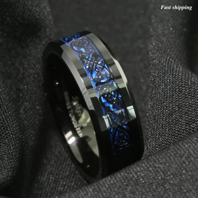 fibre 8/6mm Jewelry Blue Black Celtic Mens Ring Dragon Tungsten Carbide carbon