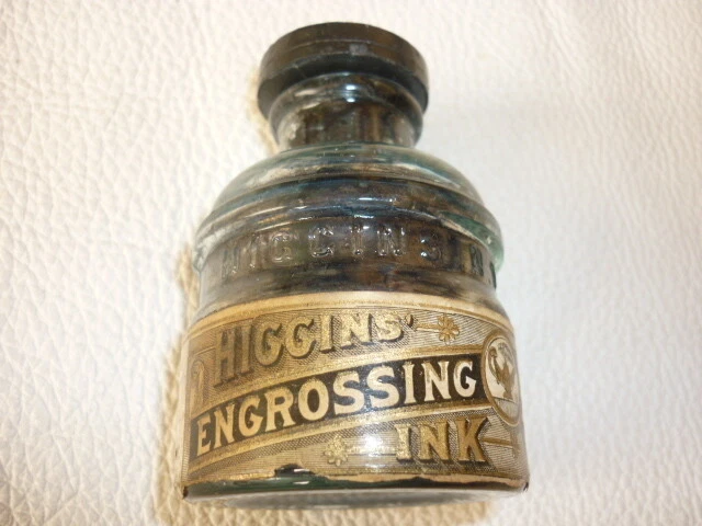 Rarity 1950 Made In Usa Higgins Engrossing Ink Label Bottle With Cork Lid Length
