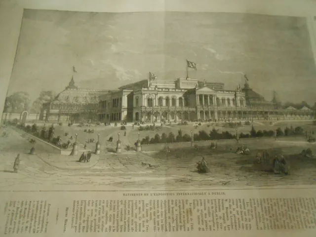 Gravure 1865 - Batiments de l'exposition internationale à Dublin