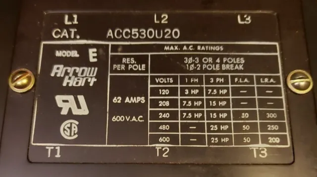 Arrow Hart ACC-530 UM 20 Magnetic Contactor 50 AMP, 3 Pole Model E, NEW! 2