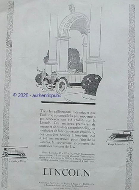 Publicite Lincoln Automobile Torpedo Limousine Signe Rene Vincent De 1925 Ad Pub