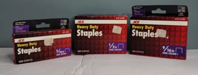 Ace Heavy Duty Staples 5/16", 1/2", 9/16 Wide Crown I -1000 Staples ea. Lot of 3