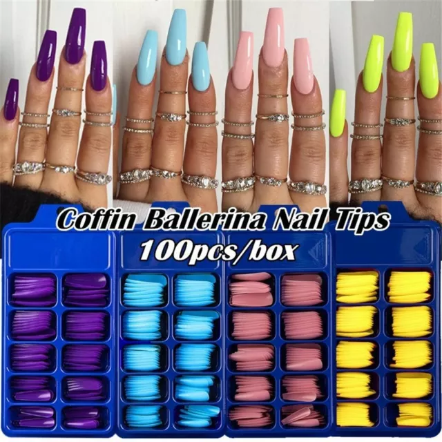 color Acrylic DIY UV Gel False Nail Tips Full Cover Manicure Coffin Fake Nails