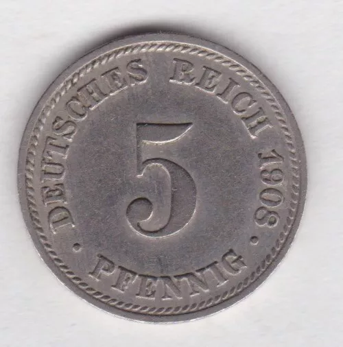 5 Pfennig Deutsches Reich 1908 D München Kursmünze Reichsadler groß Kaiserreich